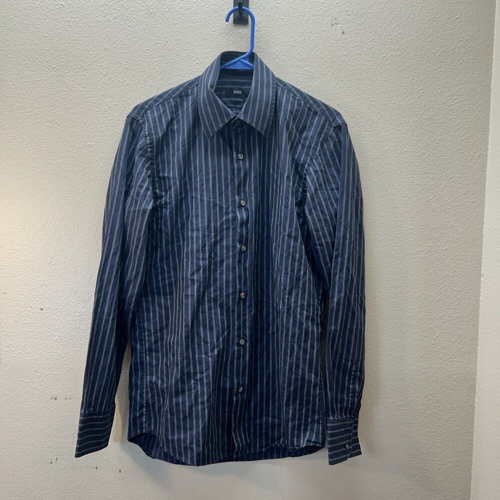 Hugo Boss Career Button Up Dress‎ Shirt Blue Pinstripe 15.5 34/35 Collared